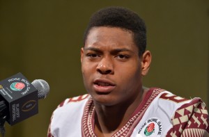 Dec 29, 2014; Los Angeles, CA, USA; Florida State Seminoles defensive back Jalen Ramsey (8) at media day for the 2015 Rose Bowl at the L.A. Hotel Downtown. Mandatory Credit: Kirby Lee-USA TODAY Sports